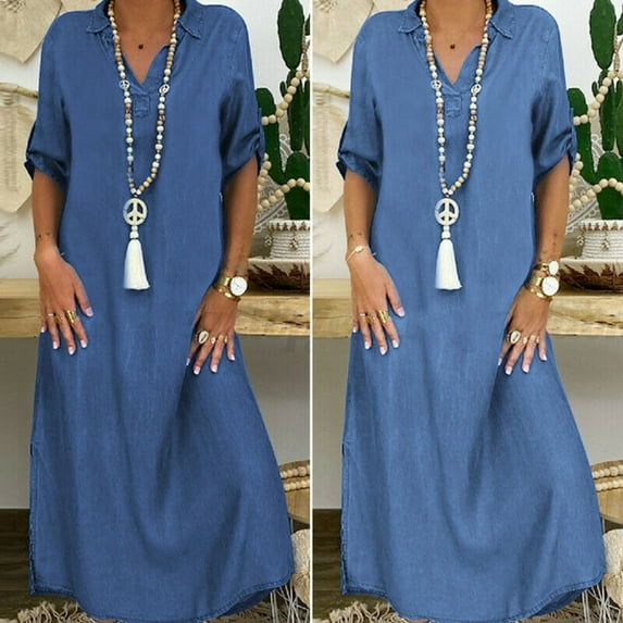 HEVIRGO Women Half Sleeve Side Slitting Hem V-neck Loose Long Denim Dress Streetwear for Daily Life