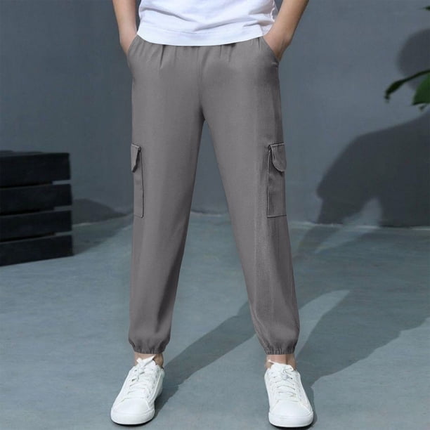 Pantalones largos para niño grande, pantalones multibolsillos, pantalones deportivos hasta el tobillo de color liso para niño, pantalones con cintura elástica, pantalones de algodón para niño