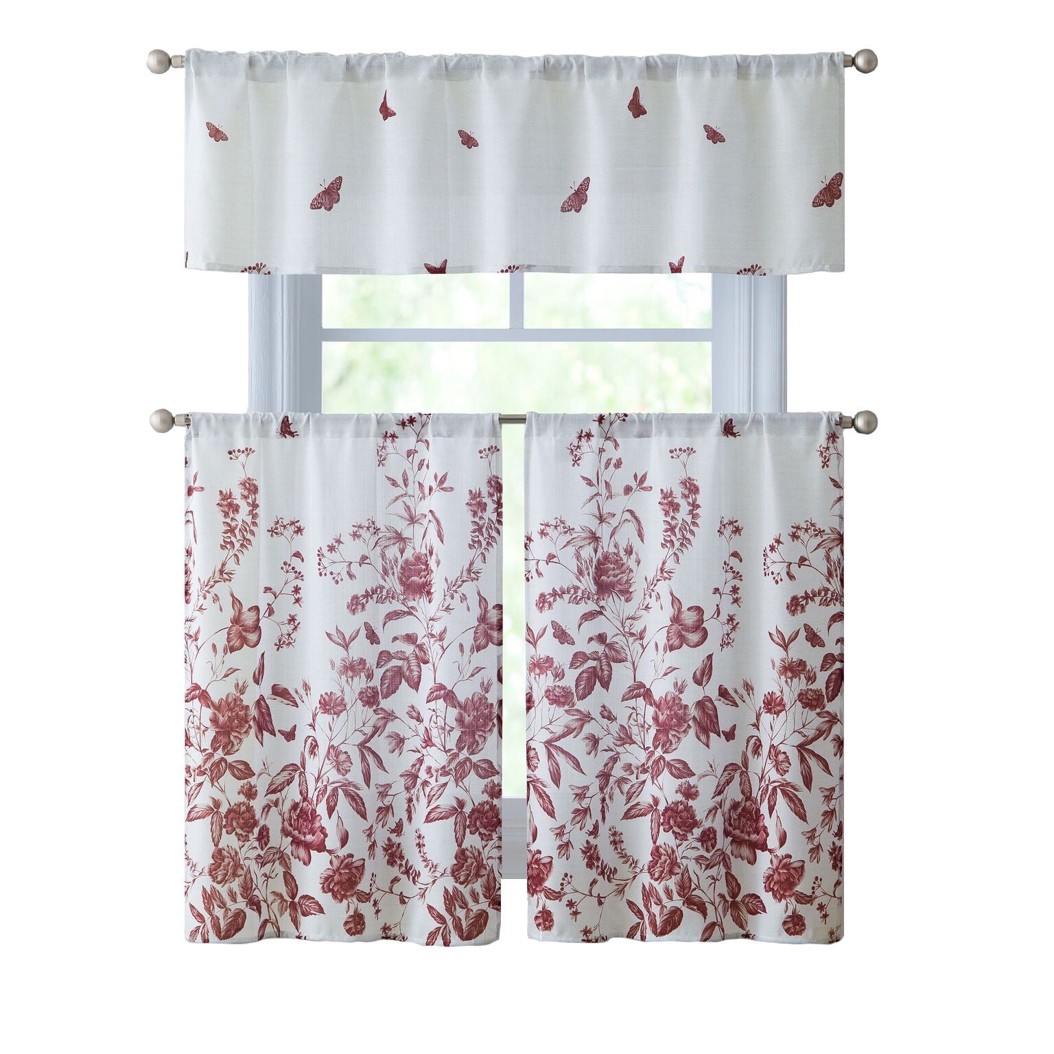 VCNY Home Estela Floral Kitchen Curtain Tier & Valance Set Burgundy
