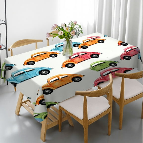 RKSupls Rectangle Dining Tablecloth Colorful Vintage Beetle Car Print, Washable Wipeable Stain & Wrinkle Resistant Polyester Tablecloth for Kitchen Picnic Party