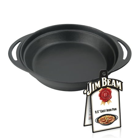 Cast Iron Round Grill Pan - Cast Iron Pan, Jim Beam Heavy Duty Construction Grilling and Barbecue 9.5'' Cast Iron Round Pan, Pre Seasoned Pan