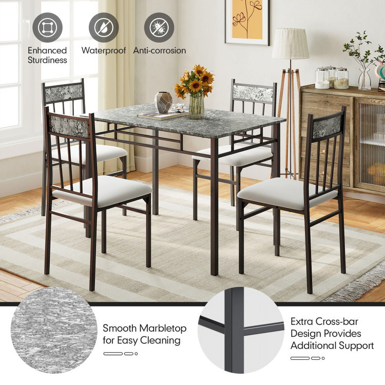 Finihen Dining Set, Dining Table Set, 5 Pieces Faux Marble Dining Set Table with Solid Steel Frame, for Home, Restaurant, Gray