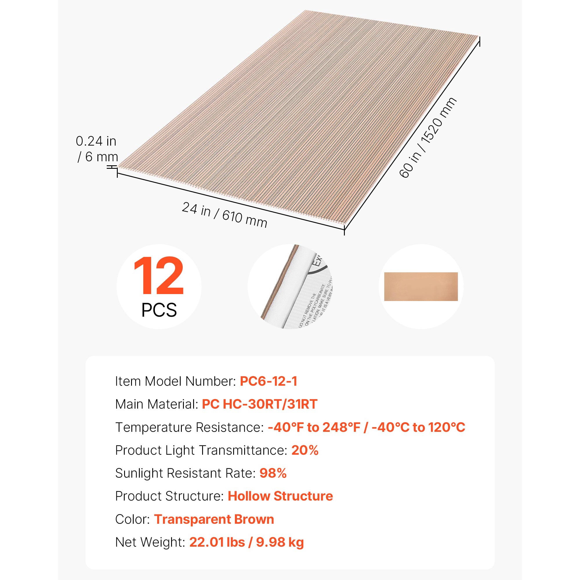 KFFKFF 12-Piece Polycarbonate Roof Panels, Double-Layer Corrugated Plastic Sheets for Greenhouses, Waterproof Covers for Gazebos, Chicken Coops, Home, and Garden (5' x 2' x 0.24")