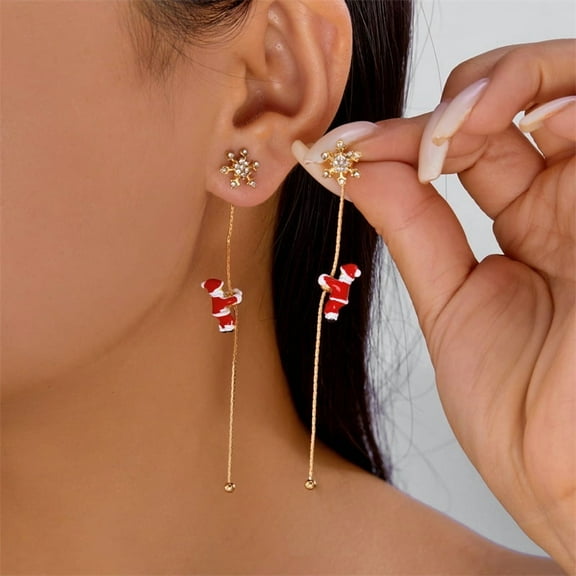 PRIYAL Women's Asymmetrical Climbing Santa Claus Dangling Earrings - Long Fringe Drop with Mini Santa & Reindeer Charms