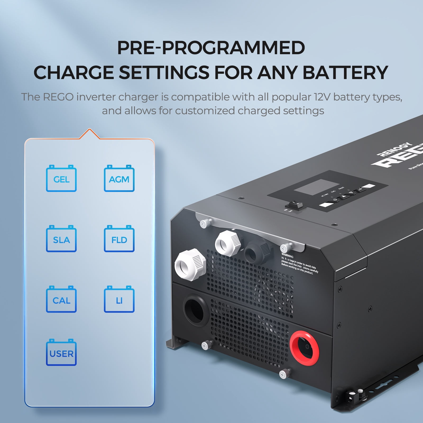 Renogy 3000W Pure Sine Wave Inverter Charger w/LCD Display, 12V DC to 120V AC, Built-in Bluetooth, 4-Stage Charging, REGO