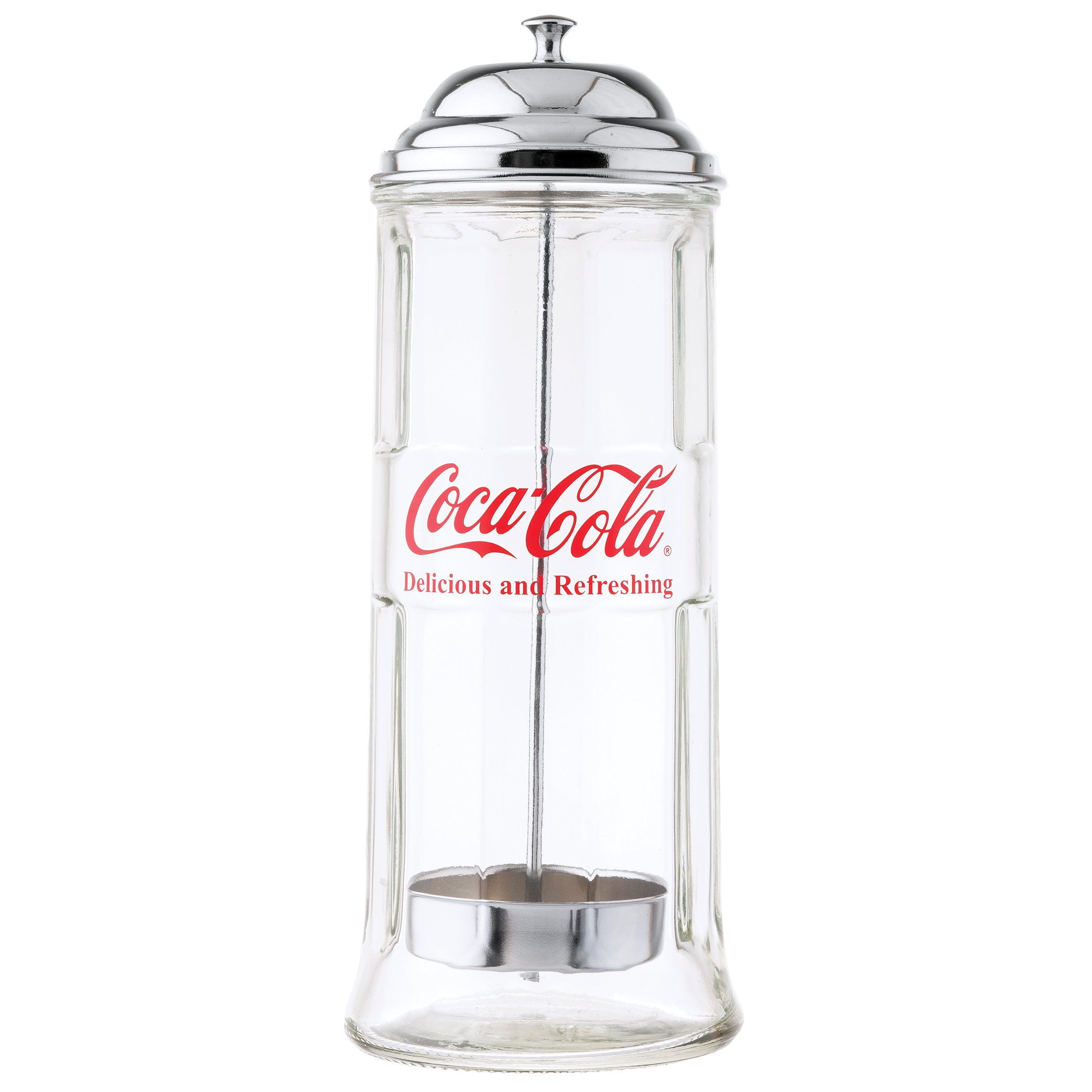 TableCrafts CC322 Coca-Cola Glass Straw Dispenser with Metal Lid 