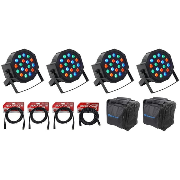 (4) Rockville FHB-118 LED RGB DMX LED PAR Can Wash Lights (4) Cables Carry Bag