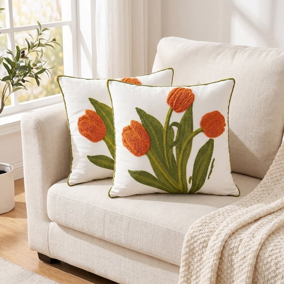 REGALWOVEN Floral Embroidered Decorative Throw Pillow Covers Set of 2, Farmhouse Flower Pattern Flower-2 18" x 18"
