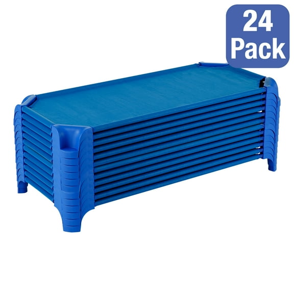 Sprogs Deluxe Heavy-Duty Stackable Daycare Naptime Cots with Easy Lift Corners - Toddler 40'' L, 24-Pack - Blue