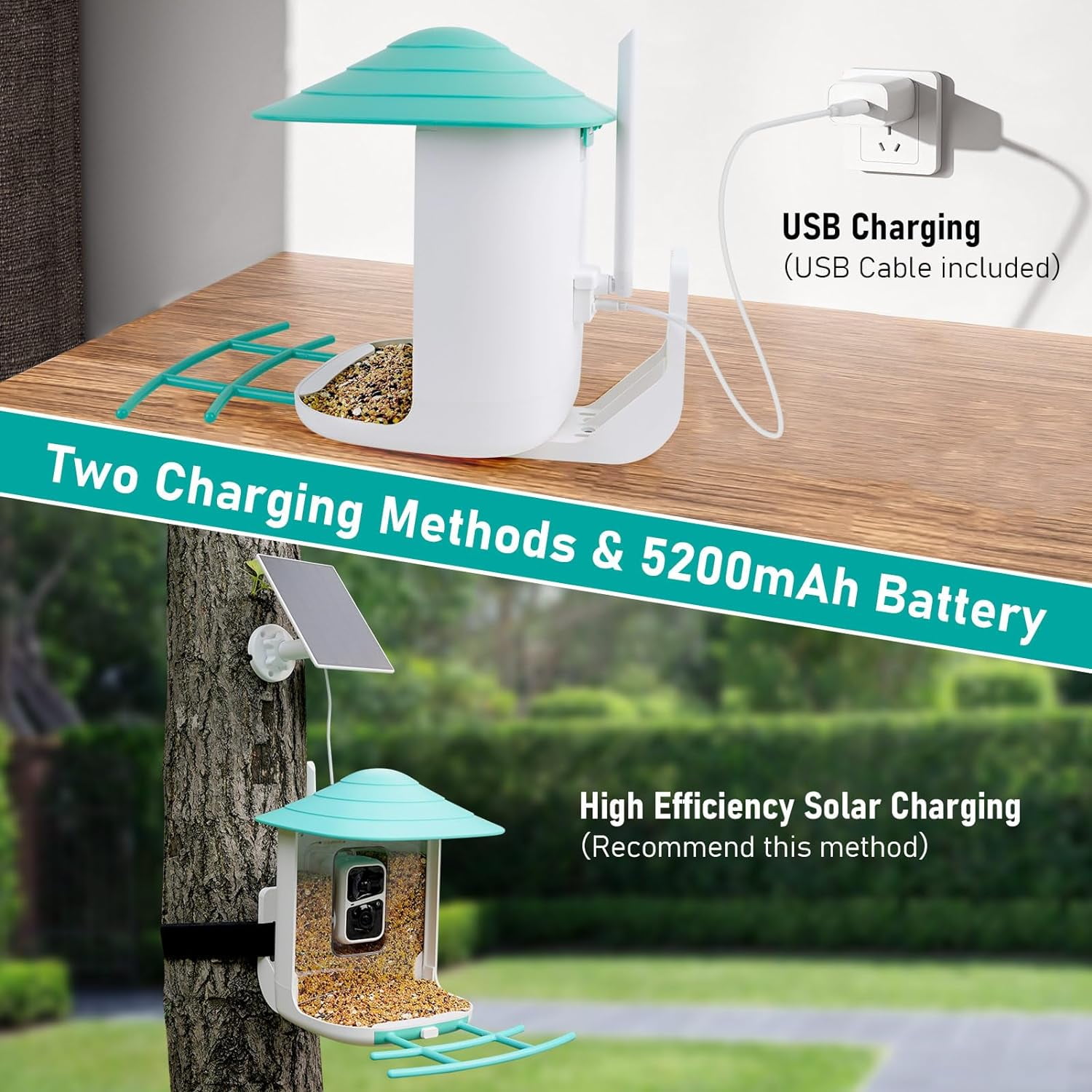 HEAIHYD Smart Bird Feeder Camera with Solar Panel, 1.8L Capacity, Blue