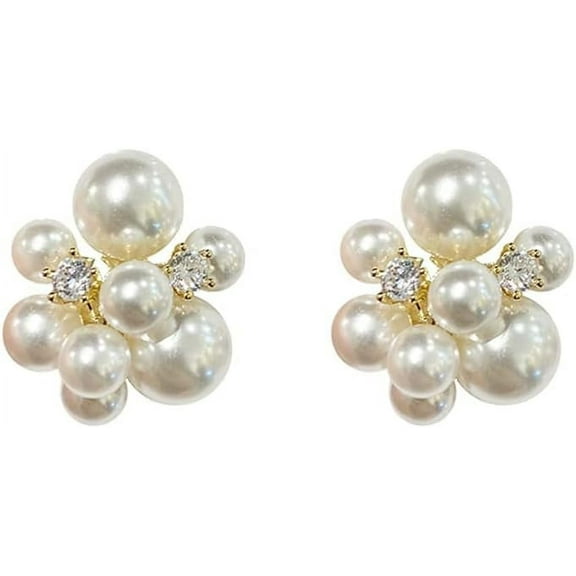 XBage Pearl Flower Round Cz Stud Earrings For Women Dainty 925 Sterling Silver Post 14K Gold Plated Huggie Piercing Hypoallergenic Statement Studs Pin Fashion Jewelry Gifts Her Wife Mom [eo7372]
