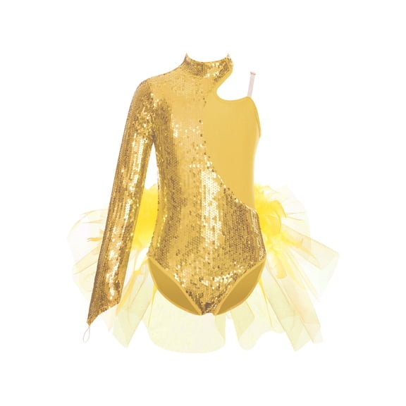 Aiihoo Girls Feather Trim Dance Bodysuit Sparkly Sequined Leotard Asymmetrical Shoulder Long Sleeve Recital Dress Gold 6