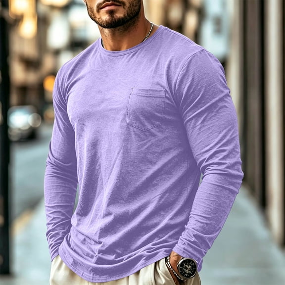 Domuza Mens Long Sleeve Tee Shirts Crew Neck T-Shirts Solid Moisture Wicking Casual Basic Shirt with Pocket Light Purple S