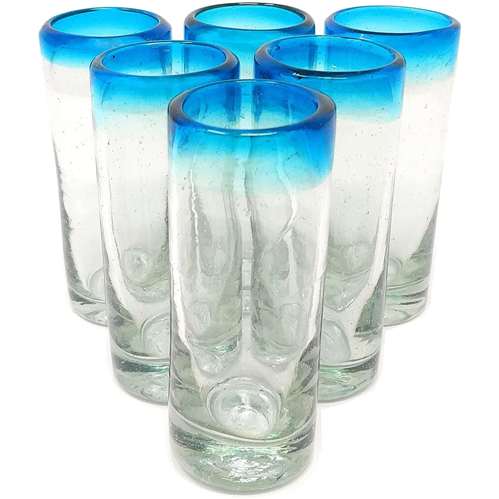 Hand Blown Tequila Shot Glasses Set of 6 Aqua Rim Tequila Shot