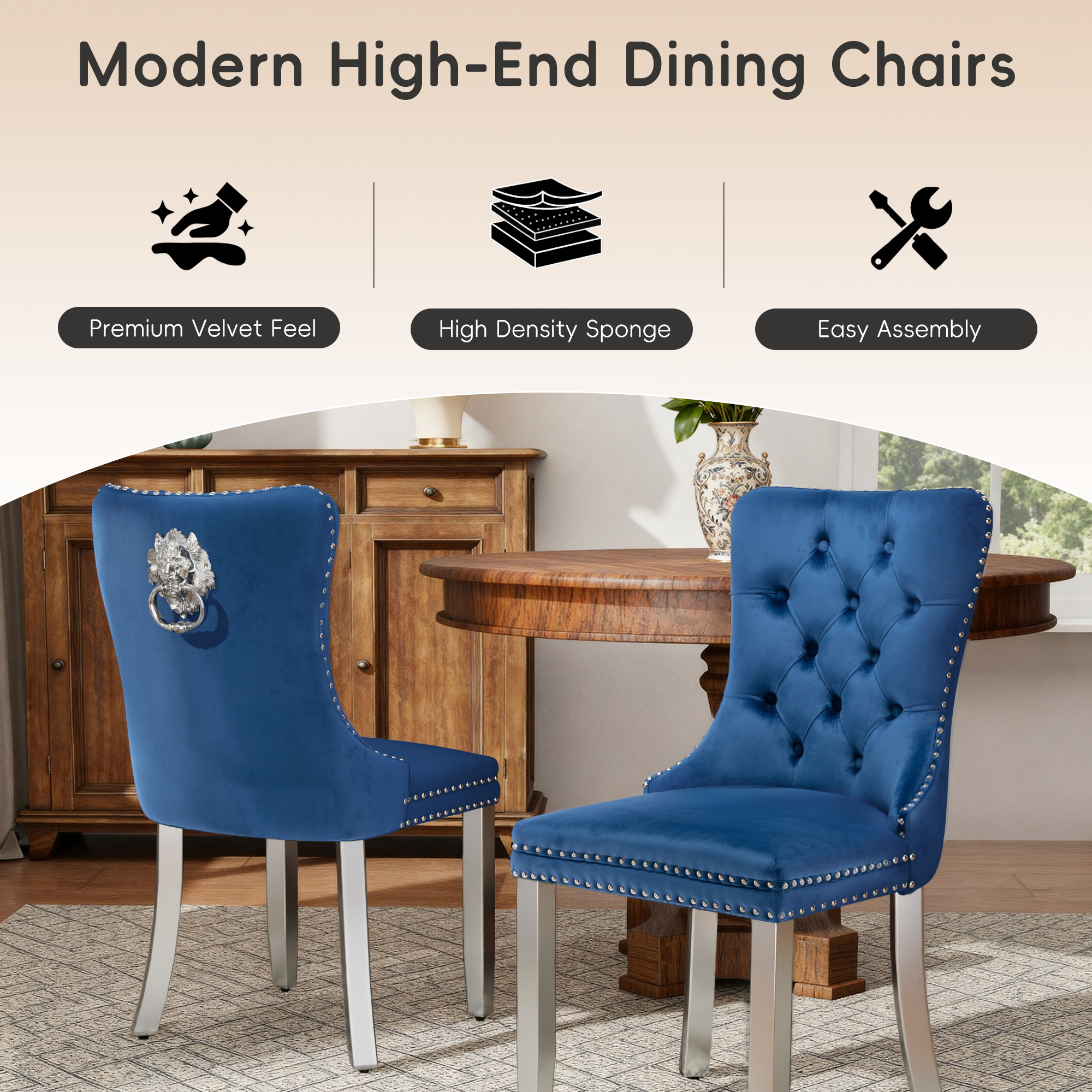 DONICK Velvet Upholstered Dining Chairs,Wing Back Side Chair Tuft Nailhead Ring Pull Metal Legs(Blue,Silver Legs,Set of 2)