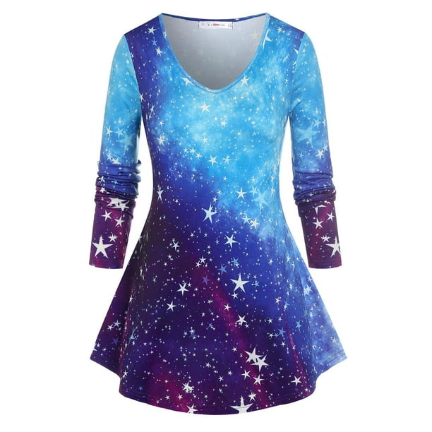 Camiseta con Estampado de Galaxia en Talla Extra Rosegal Mangas largas de talla grande