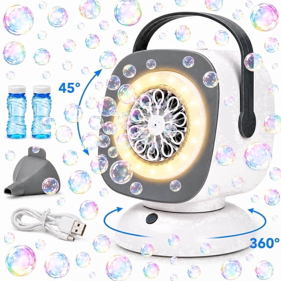 JoyStone Bubble Machine with LED Lights, 360° Auto Rotation & 45° Adjustable Angle, Automatic Bubble Blower for Kids Toddlers, Outdoor Party, Birthday, Wedding Gifts