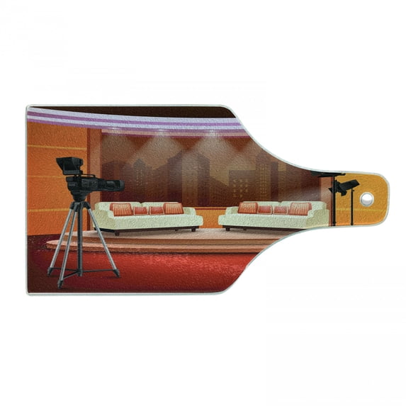 TV Show Cutting Board, Cartoon Style Graphic of Talk Show Studio with Couches Camera and Backstage View, Decorative Tempered Glass Cutting and Serving Board, in 3 Sizes, by Ambesonne