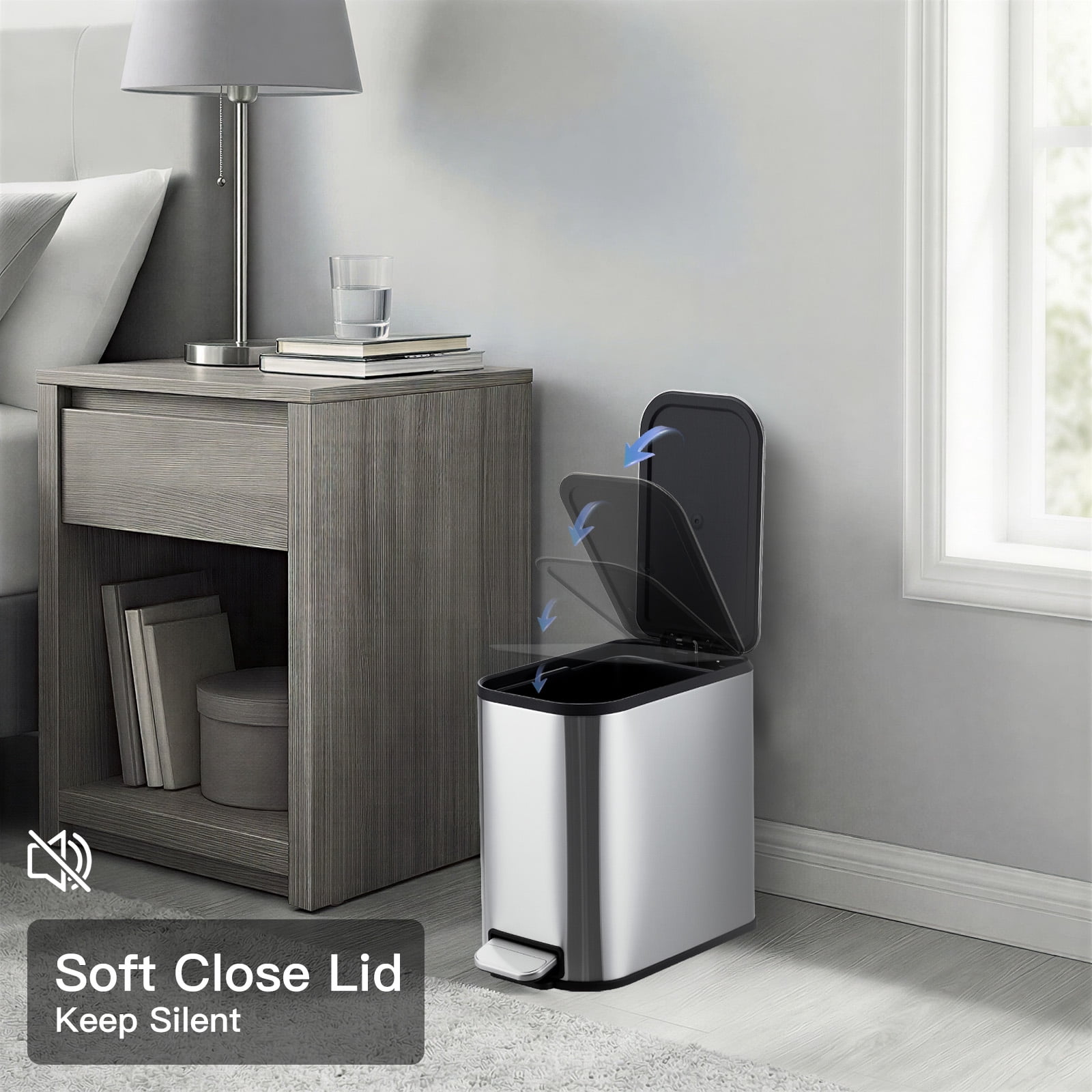 Slim Bathroom Trash Can with Lid Soft Close, Step Pedal, 5 Liter / 1.3 Gallon Stainless Steel Trash Bin, Small Garbage Cans for Bedroom, Office, Kitchen