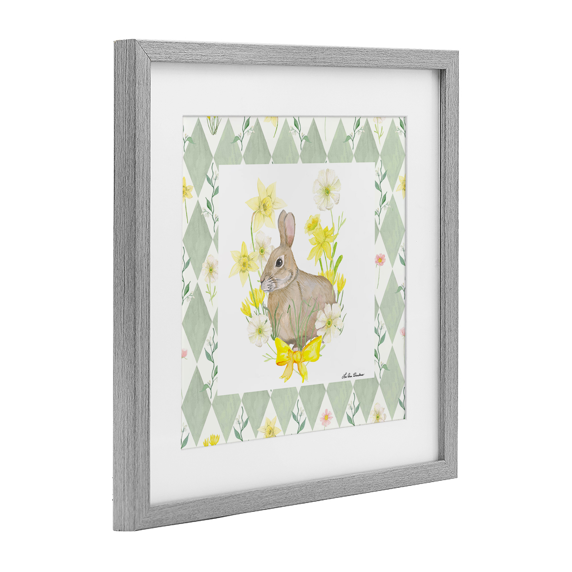 Mother Bunny on Green Argyle Gray Framed Print Under Glass, design by Lee Ann Sanders