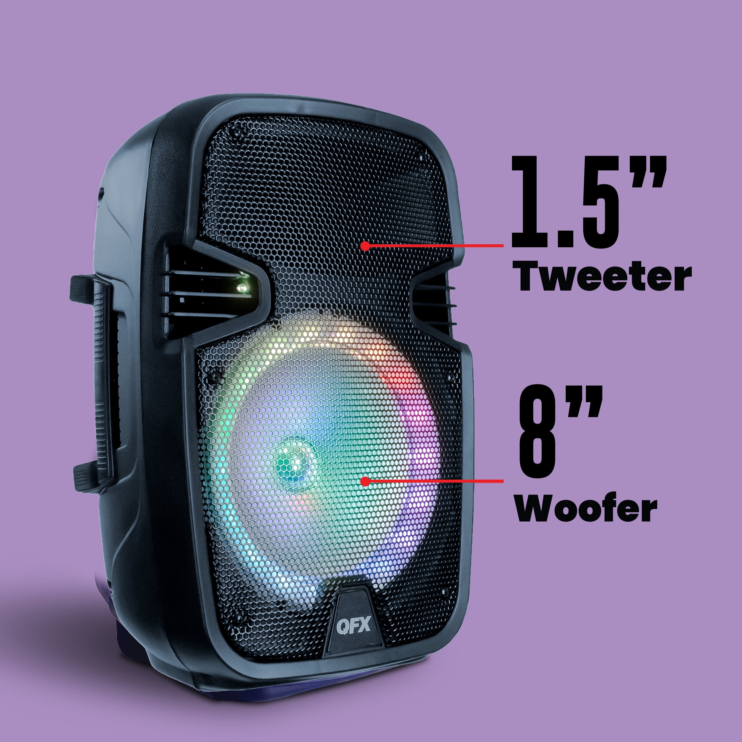 QFX 8" Portable Bluetooth Party Speaker, Bonus Microphone, Battery Powered , LED Lights, WMX-8074