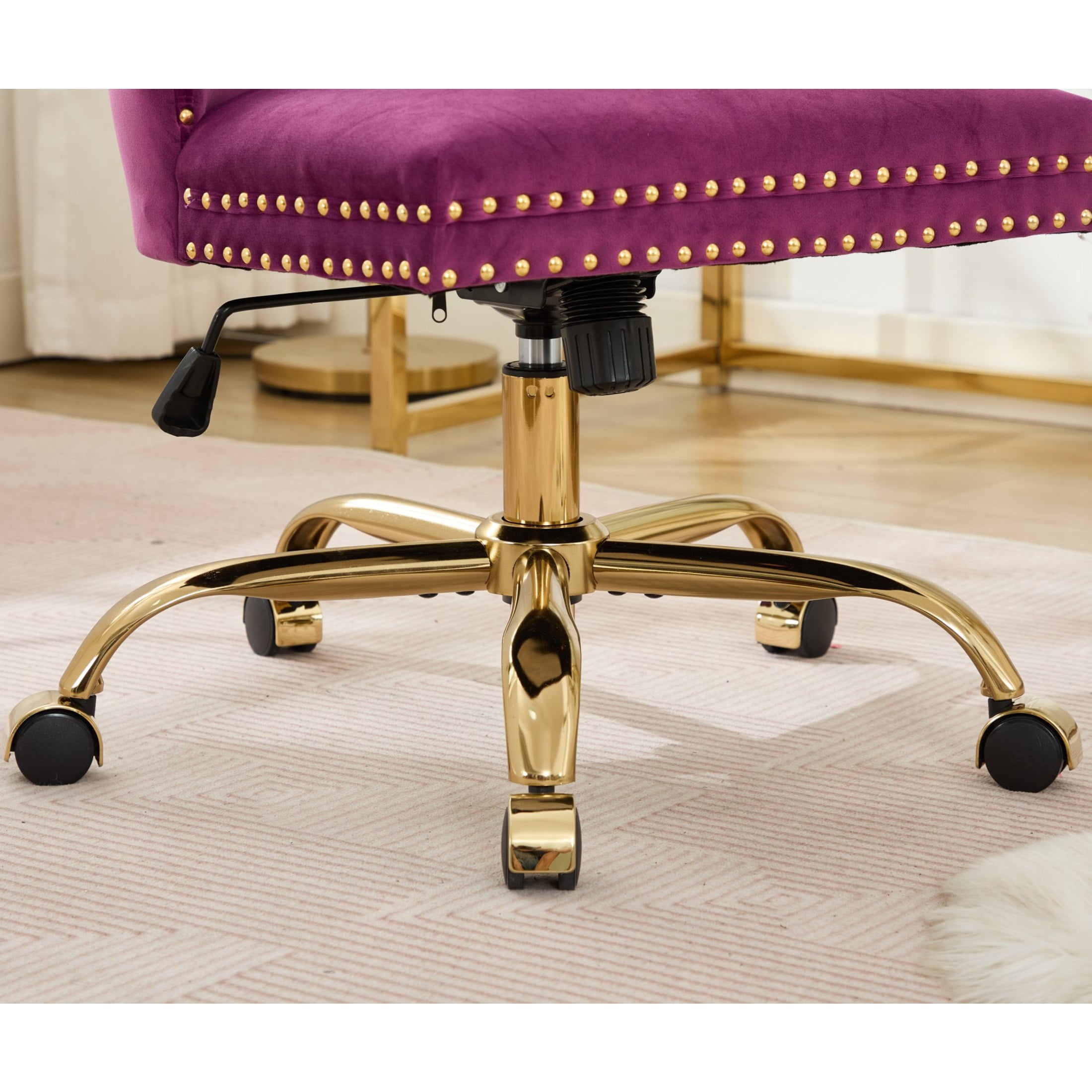 Noble House Velvet Office Chair, Tufted Adjustable Desk Chair with Gold Metal Base, 360° Swivel, Purple