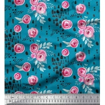 Soimoi Blue Cotton Duck Fabric Brush Stroke & Ranunculus Floral Print Sewing Fabric Yard 44 Inch Wide