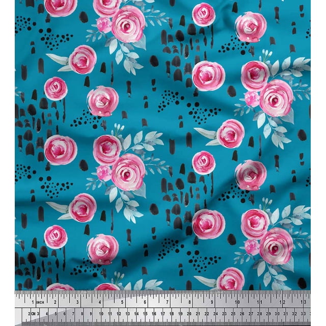Soimoi Blue Viscose Chiffon Fabric Brush Stroke & Ranunculus Floral Print Fabric by Yard 42 Inch Wide