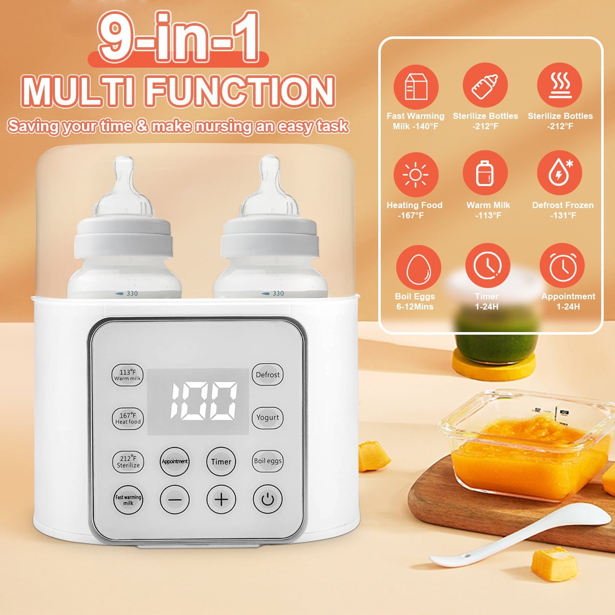 Baby Bottle Warmer, 9-in-1 Fast Milk Heating, Food Heating & Defrosting, 2 Bottle Breastmilk or Formula Warmer with Timer