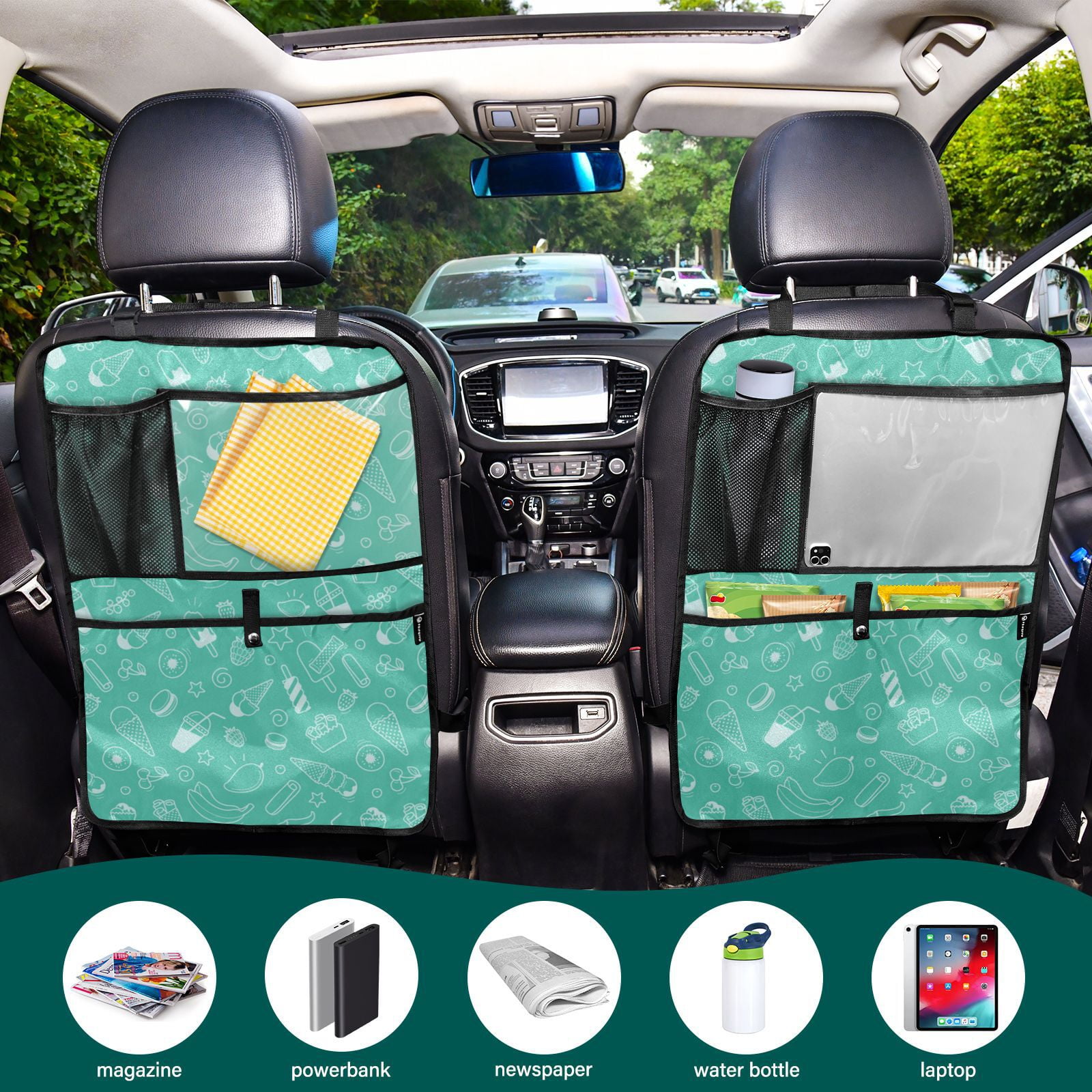 Sweet summer treats pattern Back Seat Cover + Pocket Storage Organizer, 179 Pack Multifunctional Kick Mats Backseat Protector