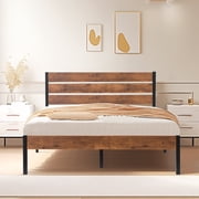 VECELO Full Bed Frame with Wooden Headboard, Rustic Industrial Platform Bed and Strong Metal Slats, No Box Spring Needed, Brown
