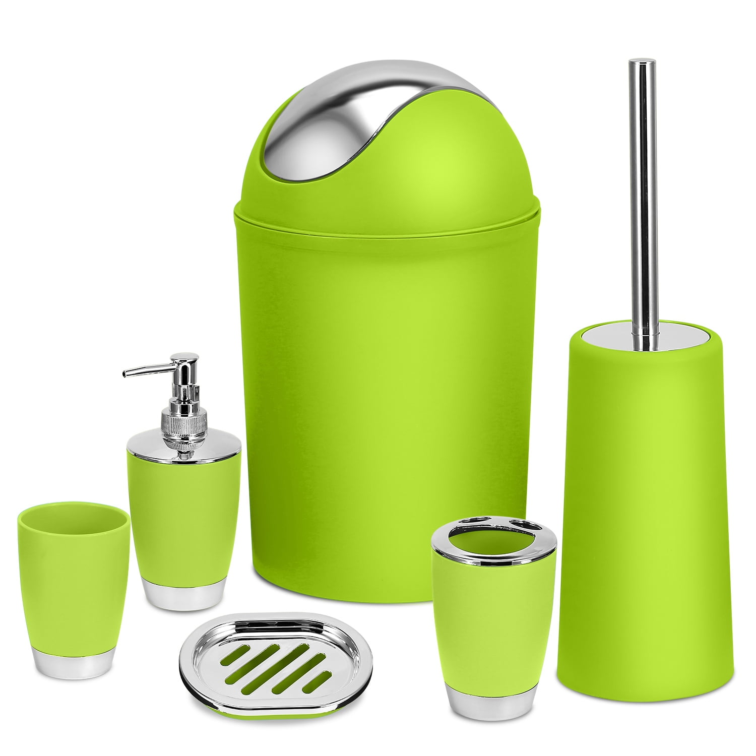 Toilet Brush with Lid, Soap Dish, Lotion Dispenser, Toothbrush Cup, Bathroom Tumblers,Trash Can, 6 Pack Bathroom Accessories Set(Green)