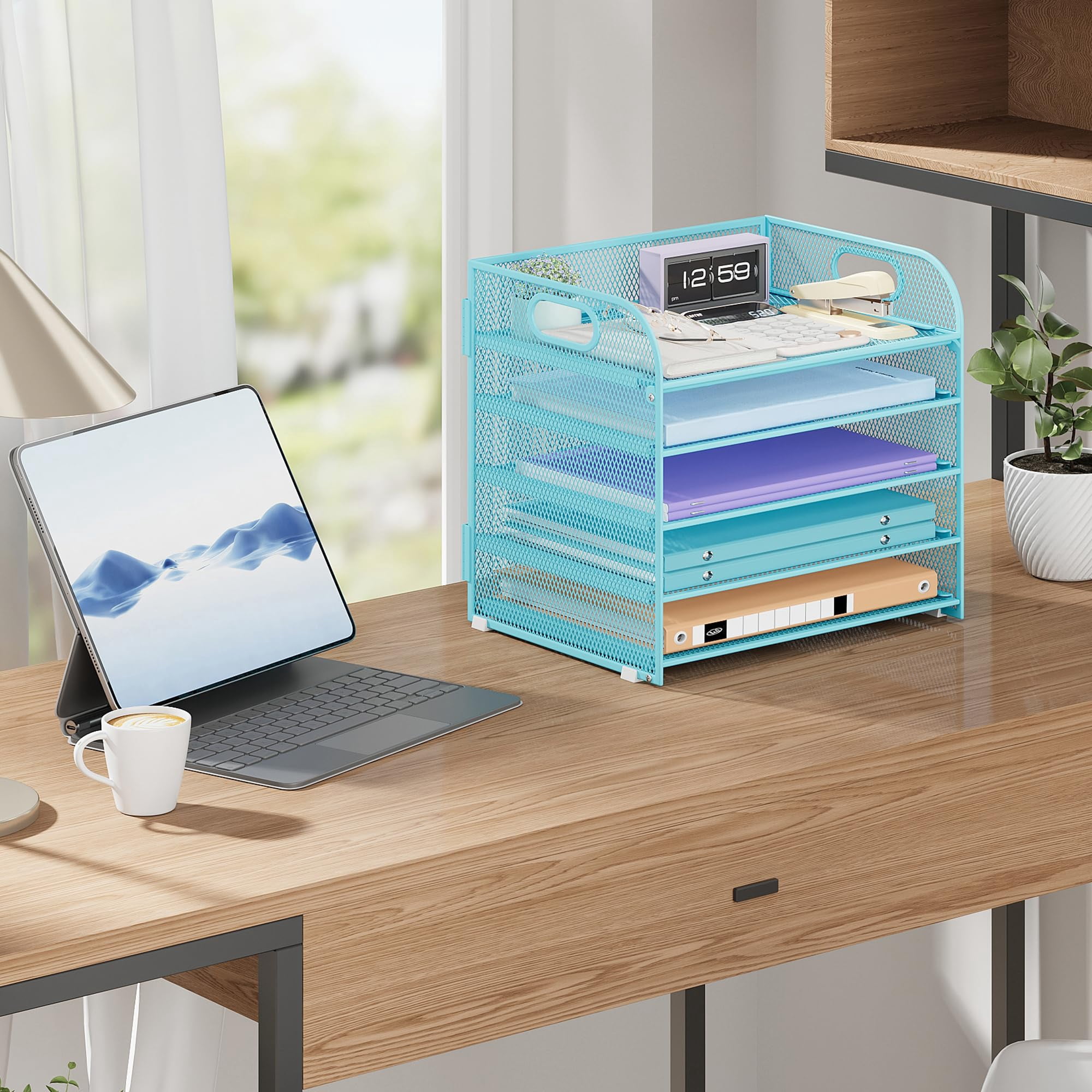 5 Tier Paper Organizer With Handle  Blue Metal Mesh Desk File Folder Letter Tray Desktop Document Sorter For Classroom School Office Accessories Organization And Storage