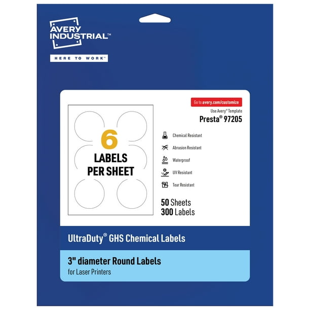 Avery UltraDuty GHS Labels, Waterproof, 3 Inch Round Labels, Pack of 300 White Labels for Use with Laser Printers