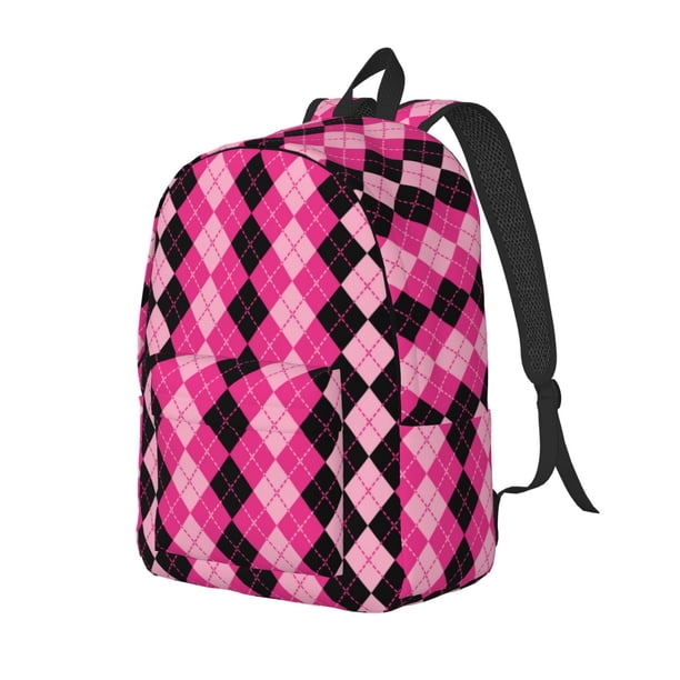 Balery pink and black argyle Mochila Clásica Impresa Básica para Viaje, Mochila Escolar Resistente al Agua, Mochila de Lona con Correas Ajustables-Medium
