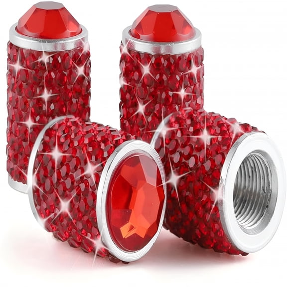 LADYGYM Car Wheel Tire Valve Caps,4 Pcs Bling Tire Valve Caps,Crystal Tire Caps Shinny Rhinestone for Women,Universal Car Dustproof Tire Valve Caps for Cars,Trucks,Suv and Motorcycles (Red)