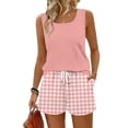 thumbnail image 3 of Gingham Check 2-Piece Set for Women - Solid Square Neck Tank Top & Elastic Waist Drawstring Shorts with Pockets, Vintage Summer Picnic Outfit Pink XXXL, 3 of 9