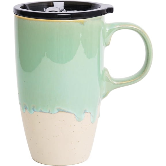 Ceramic Travel Coffee Mug with Handle and Lid, 18 oz, Portable Coffee Cup for Cup Holder, Microwave and Dishwasher Safe, Reactive (Light Green)