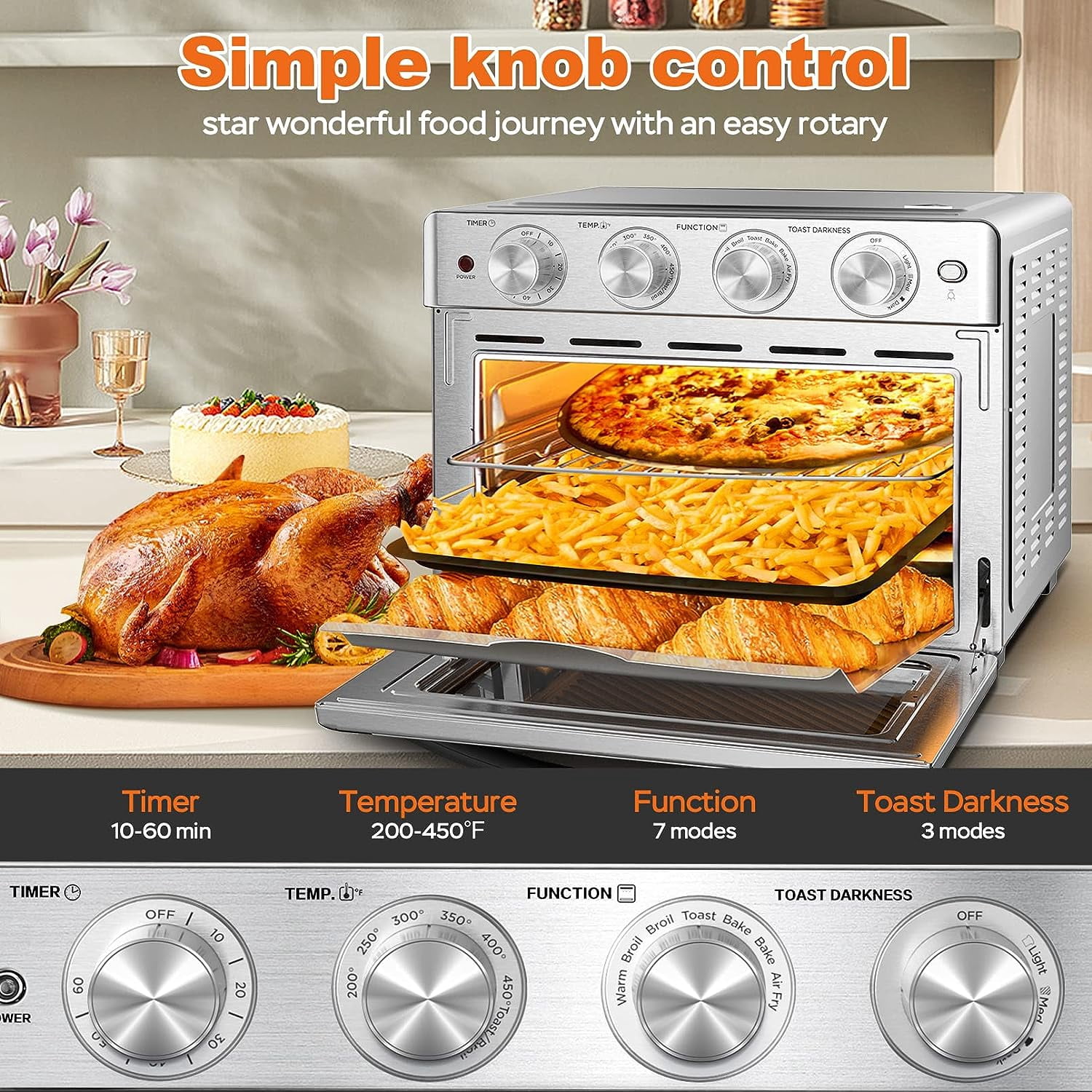 6 Slice 26QT/26L Air Fryer Fry Oil-Free, Extra Large Toaster Oven Combo, Air Fryer Oven, Roast, Bake, Broil,Convection Countertop Oven, Accessories Included, Stainless Steel
