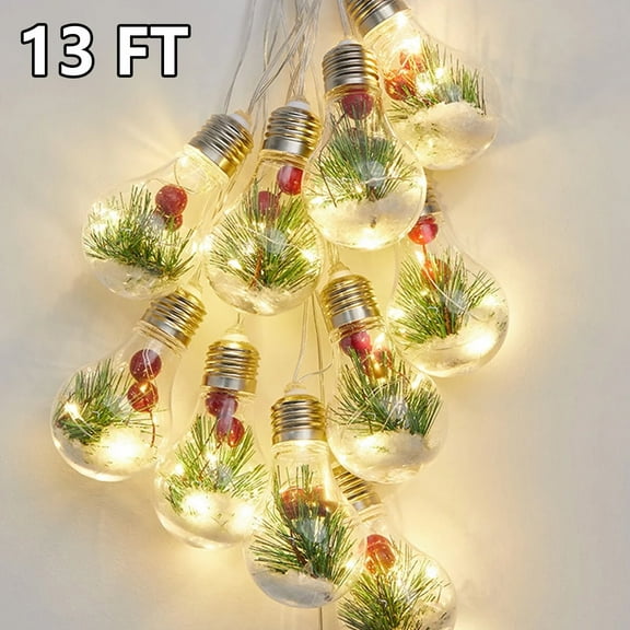 Christmas Snow Globe String Lights, 10 LED Bulb Fairy Lights with Green Pine Berry Snowflake, Battery Operated Hanging Xmas Tree Lights Indoor Outdoor for Home Garden Patio Wedding Party, 13FT