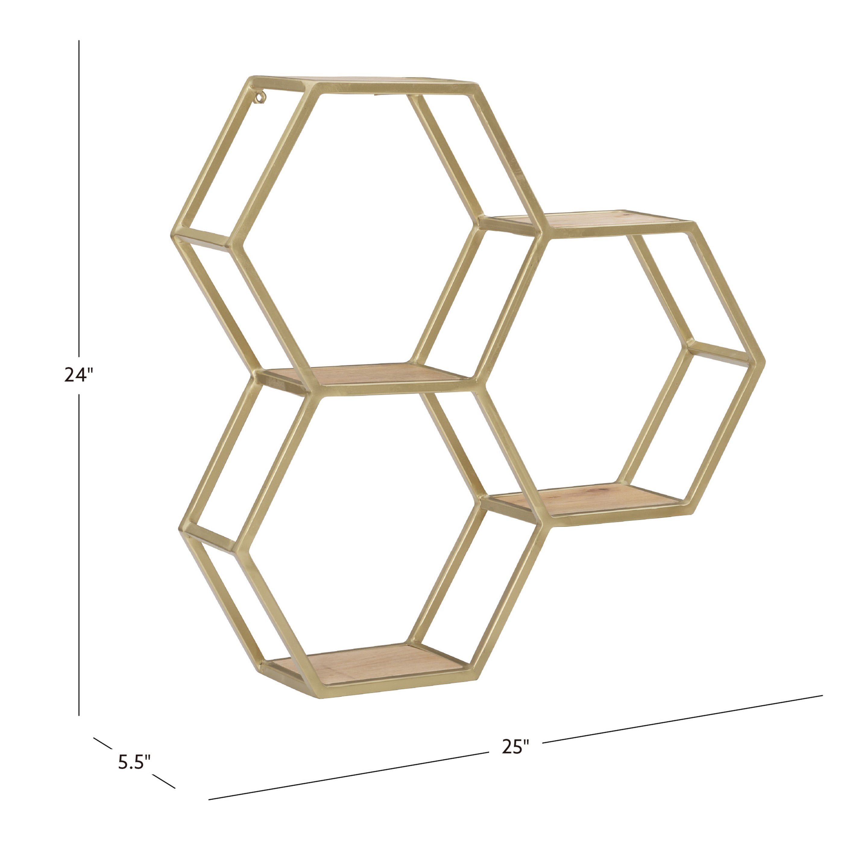 Powell Wilson 3-Compartment Honeycomb Wall Shelves, Gold Metal with Natural Mango Wood