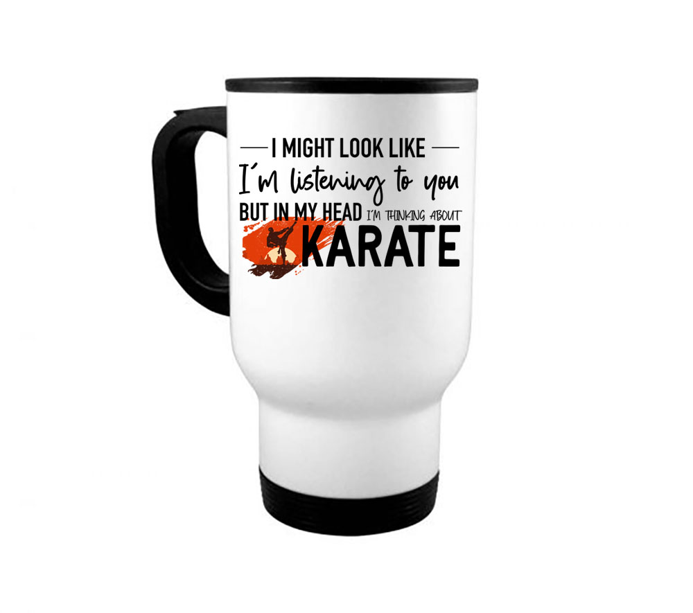 Karate Mug, Thinking About Karate, 14oz Travel Mug, Martial Arts Mug, Karate Coffee Cup, Black Belt Mug, Gift For Him, Karate Gift, Martial Arts Coffee Cup, White - image 1 of 1