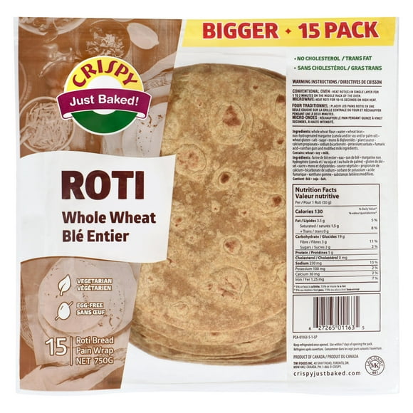 Whole Wheat Roti 15P, 750G/ 15 Count