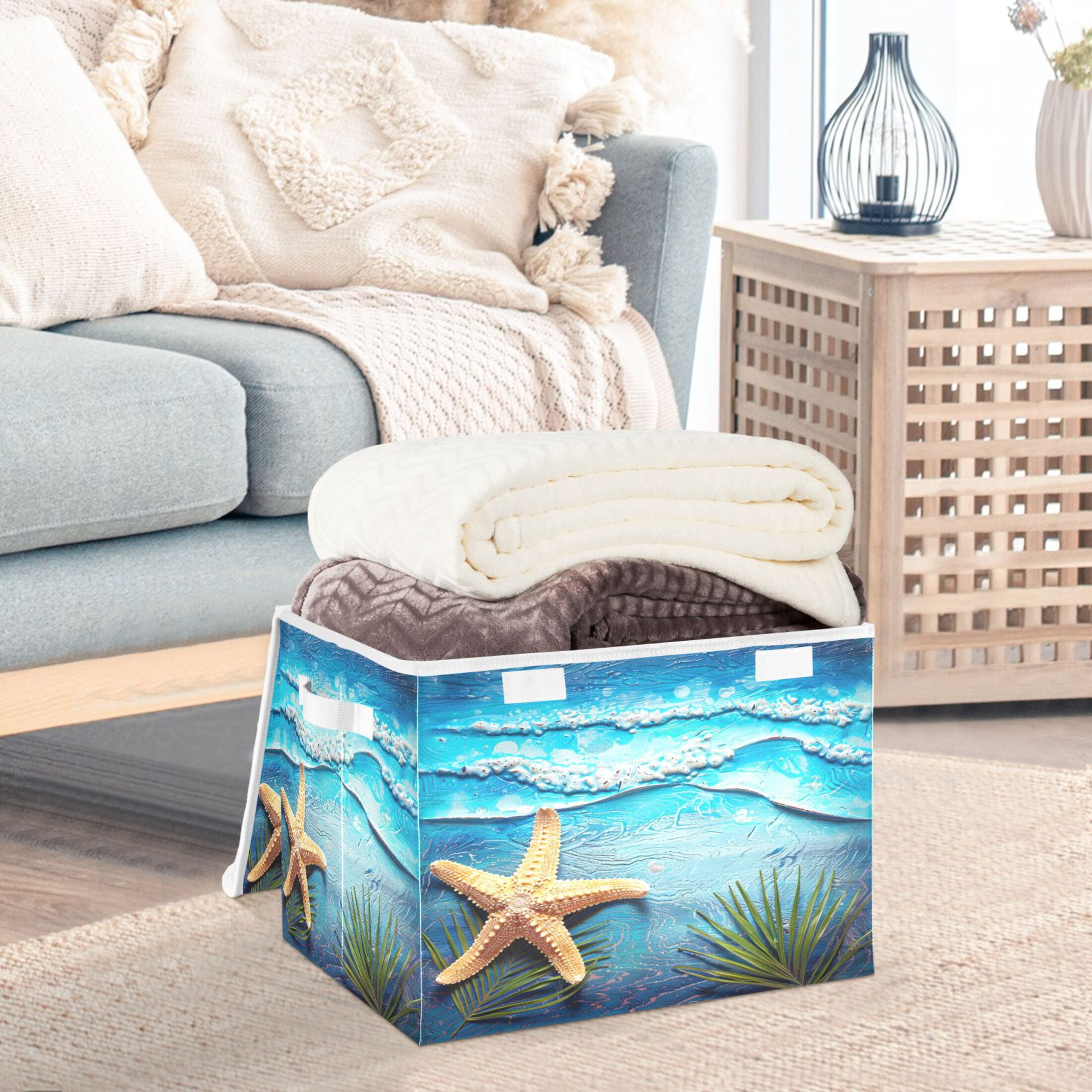 Ryvnso Sea Star on Retro Beach Large Lidded Foldable Storage Baskets Cubes Boxes Lids Bin for Home