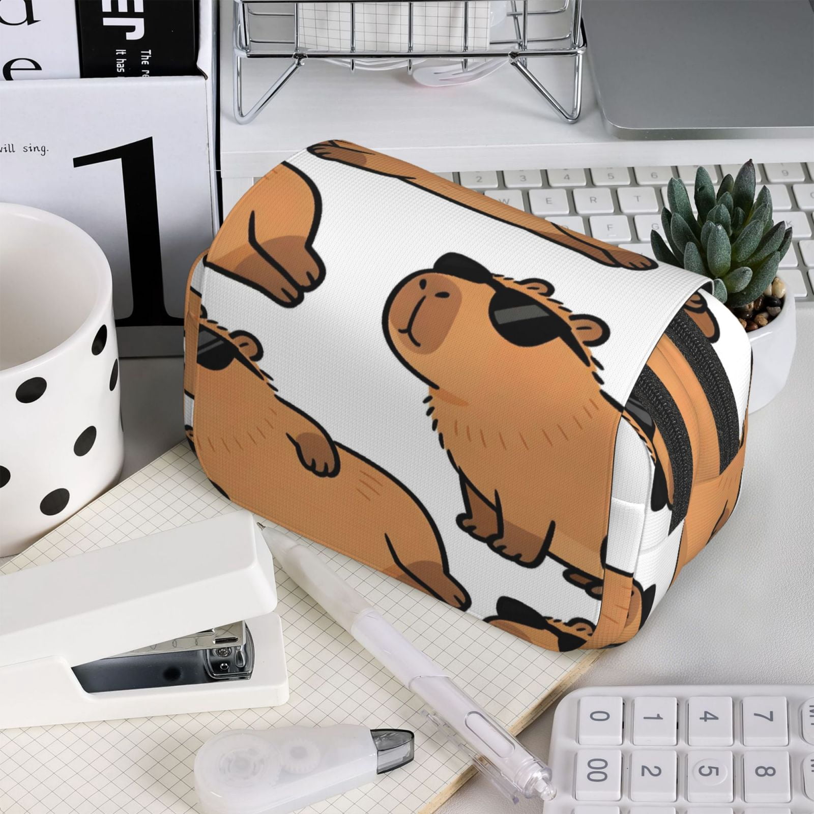Large-Capacity Flip-Top Double-Layer Pencil Case, Multi-Functional Pocket Pen Case, Durable Stationery Organizer Cartoon Capybara (5)