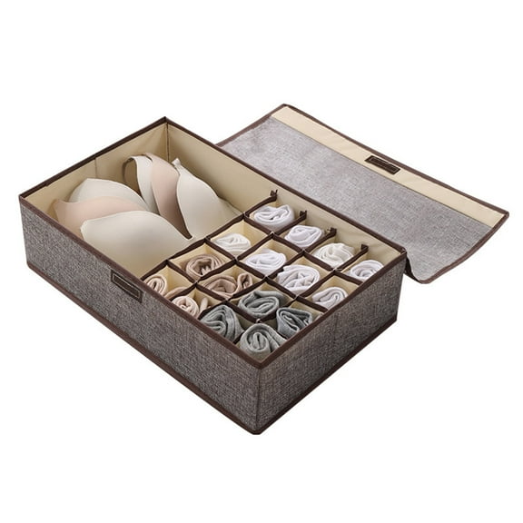 Foldable Sock & Underwear Organizer Box with Lid | 17/13 Cell Fabric Drawer Storage Case for Bras, Ties, Scarves | Gray Cotton Linen Closet Organizer