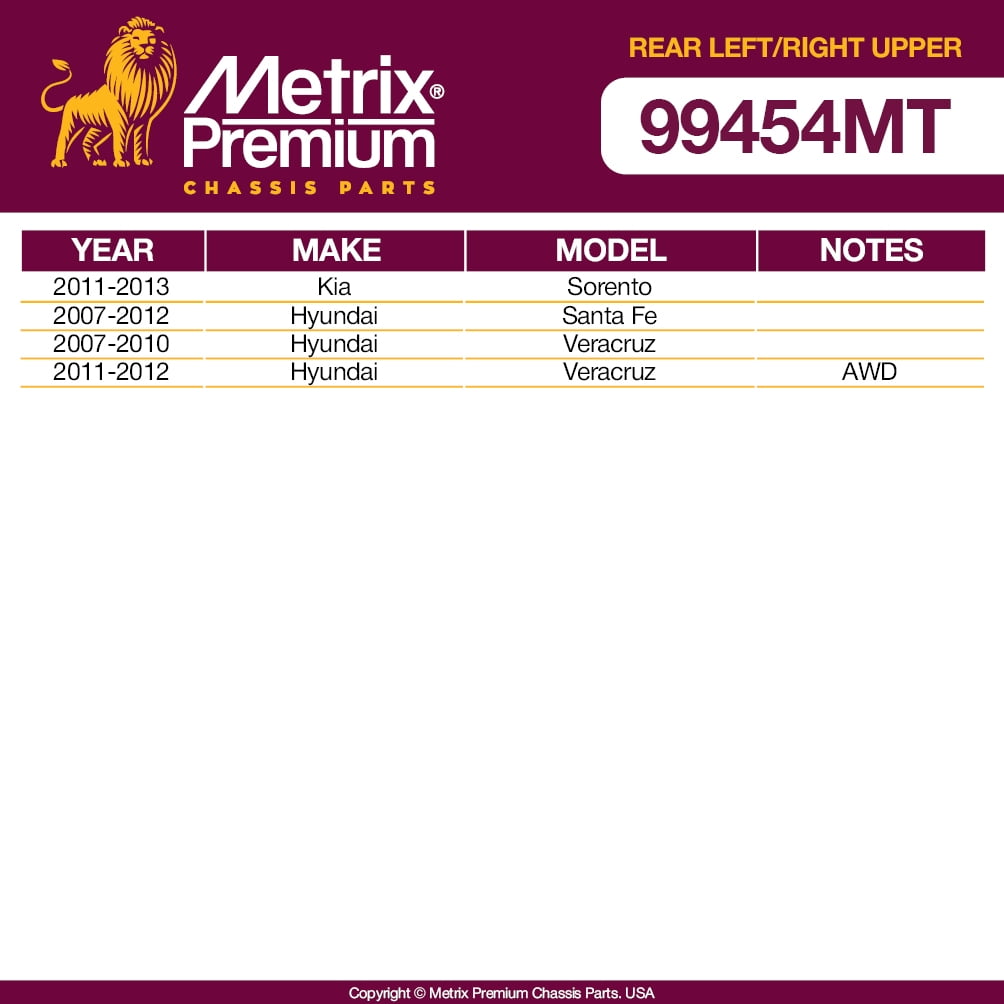 Metrix Premium Chassis Parts - Rear Left & Right Upper Control Arm w Ball Joint & Bushing Assembly Kit Fits 11-13 Kia Sorento, 07-12 Hyundai Santa Fe, 07-12 Veracruz, RK623153 RK623152