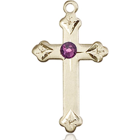 14kt Yellow Gold Cross Medal with 3mm February Purple Swarovski Crystal 7/8 x 1/2 inches