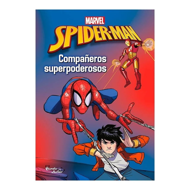 spider-man. compañeros superpo planeta infantil marvel Libro infantil en español con portada frontal que muestra a Spider-Man en primer plano lanzando telarañas, Iron Man volando en la esquina superior derecha disparando repulsores y un niño agachado en la parte baja; fondo degradado azul a rojo y logotipo MARVEL arriba.