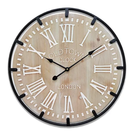 24 Inch Large Metal Frame Farmhouse Rustic Wooden Wall Clock with Engraved Roman Numbers
